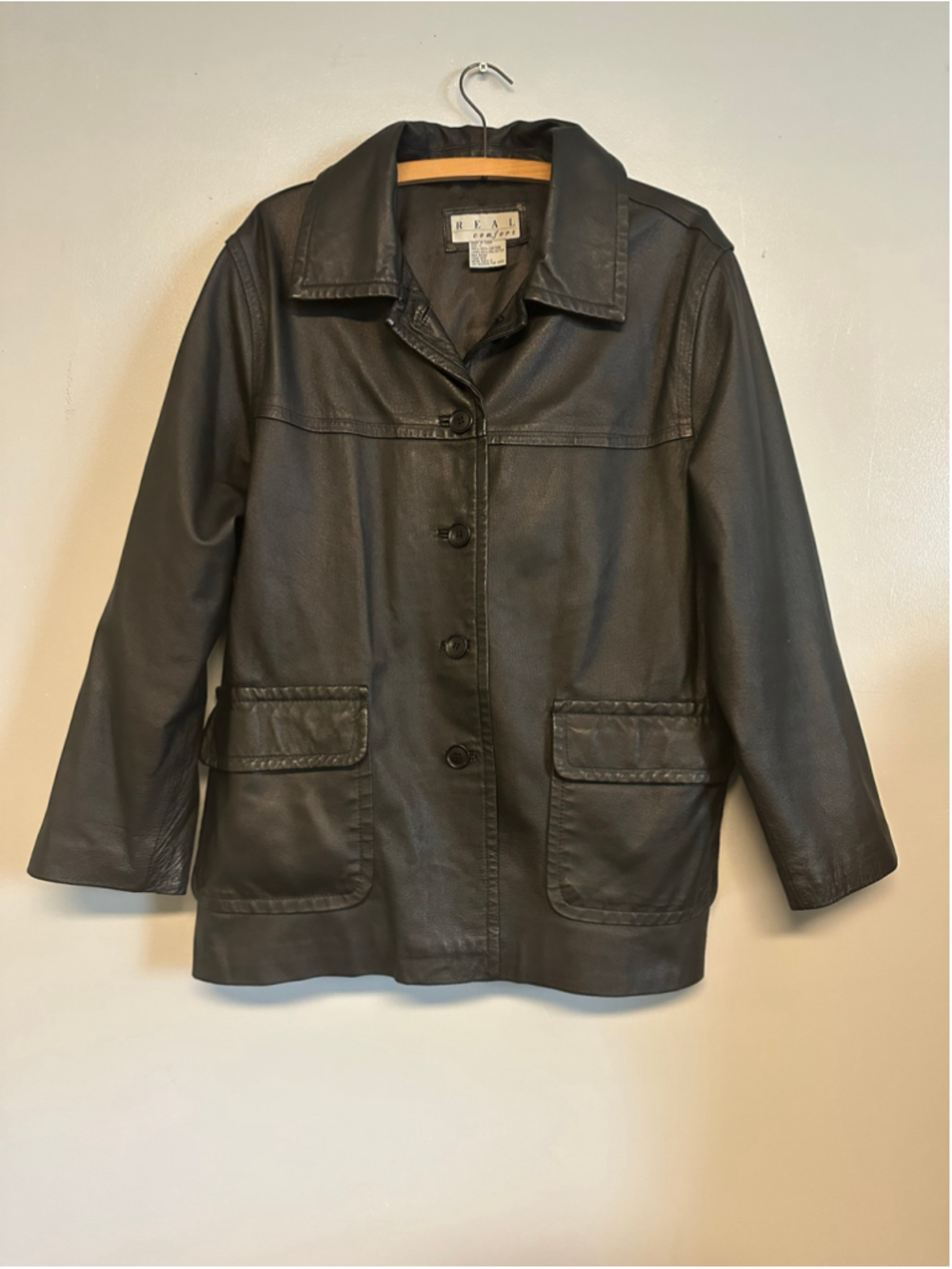 Vintage Real Comfort Genuine Leather Jacket Size XL Black Button Front